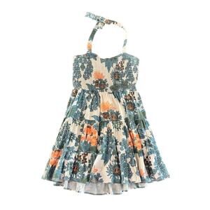 Forever That Girl Floral Smocked Halter Sundress Blue Orange Size S
